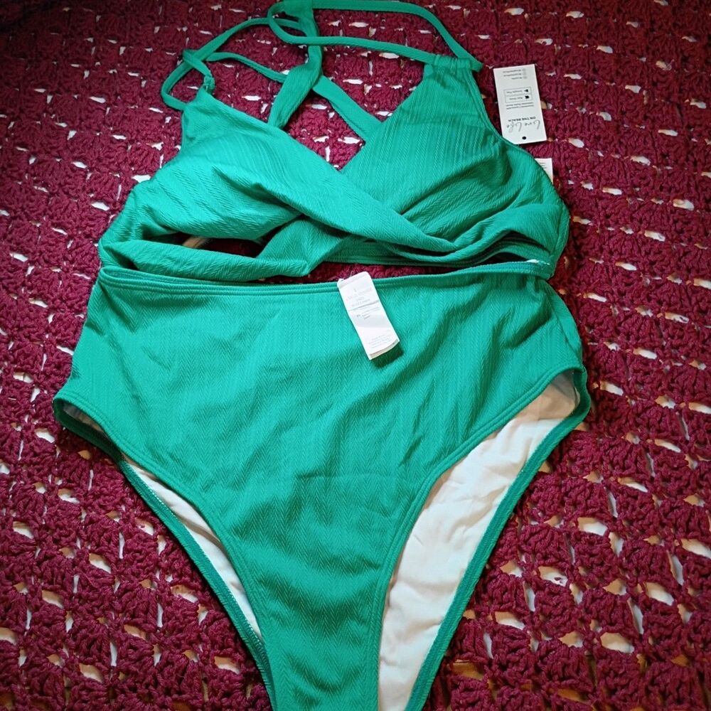 New With Tags Cupshe Green Bikini Twist Front V Neck Corset Back Large 12-14